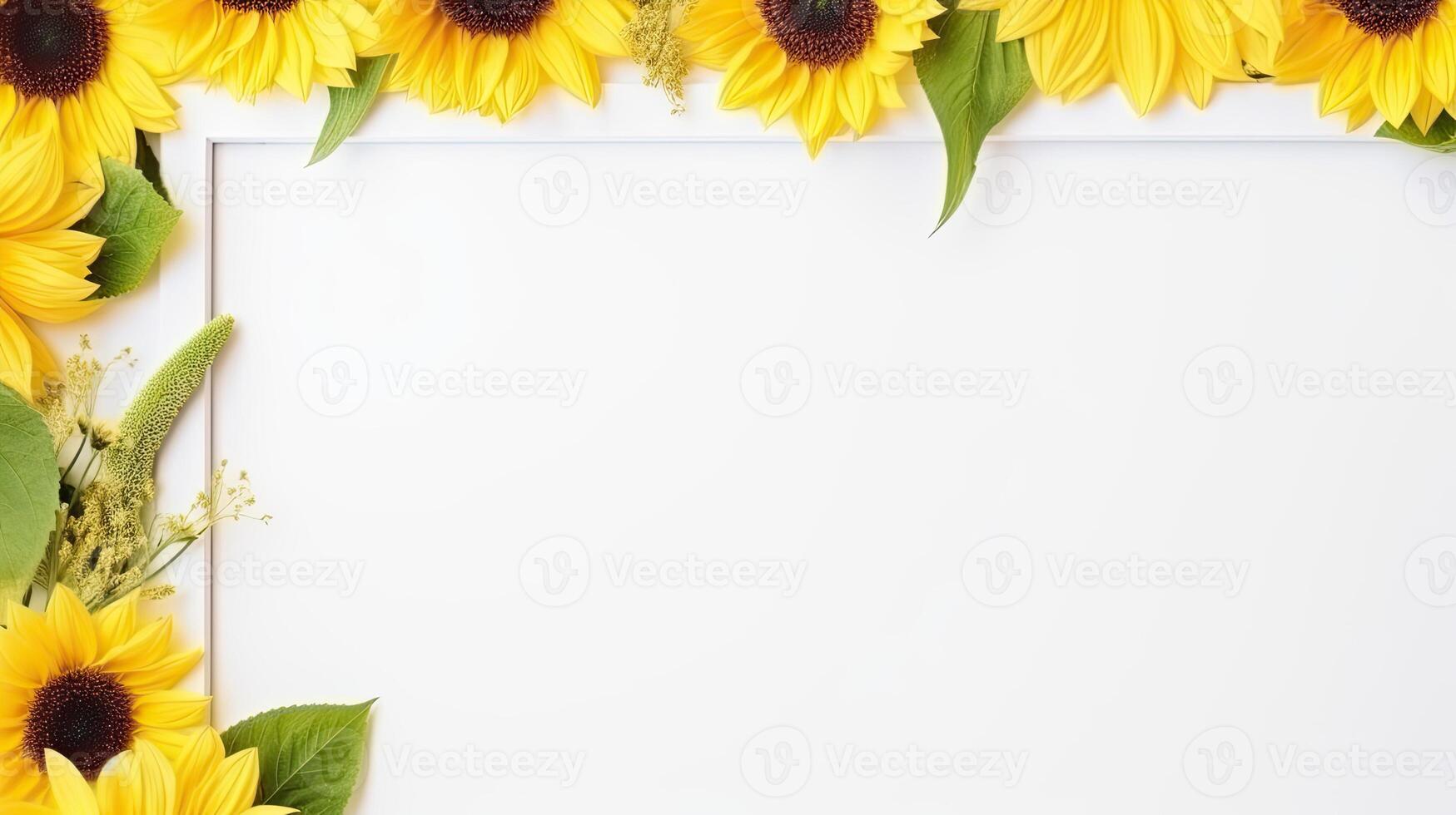 Yellow sunflowers and green leaves frame on white background photo