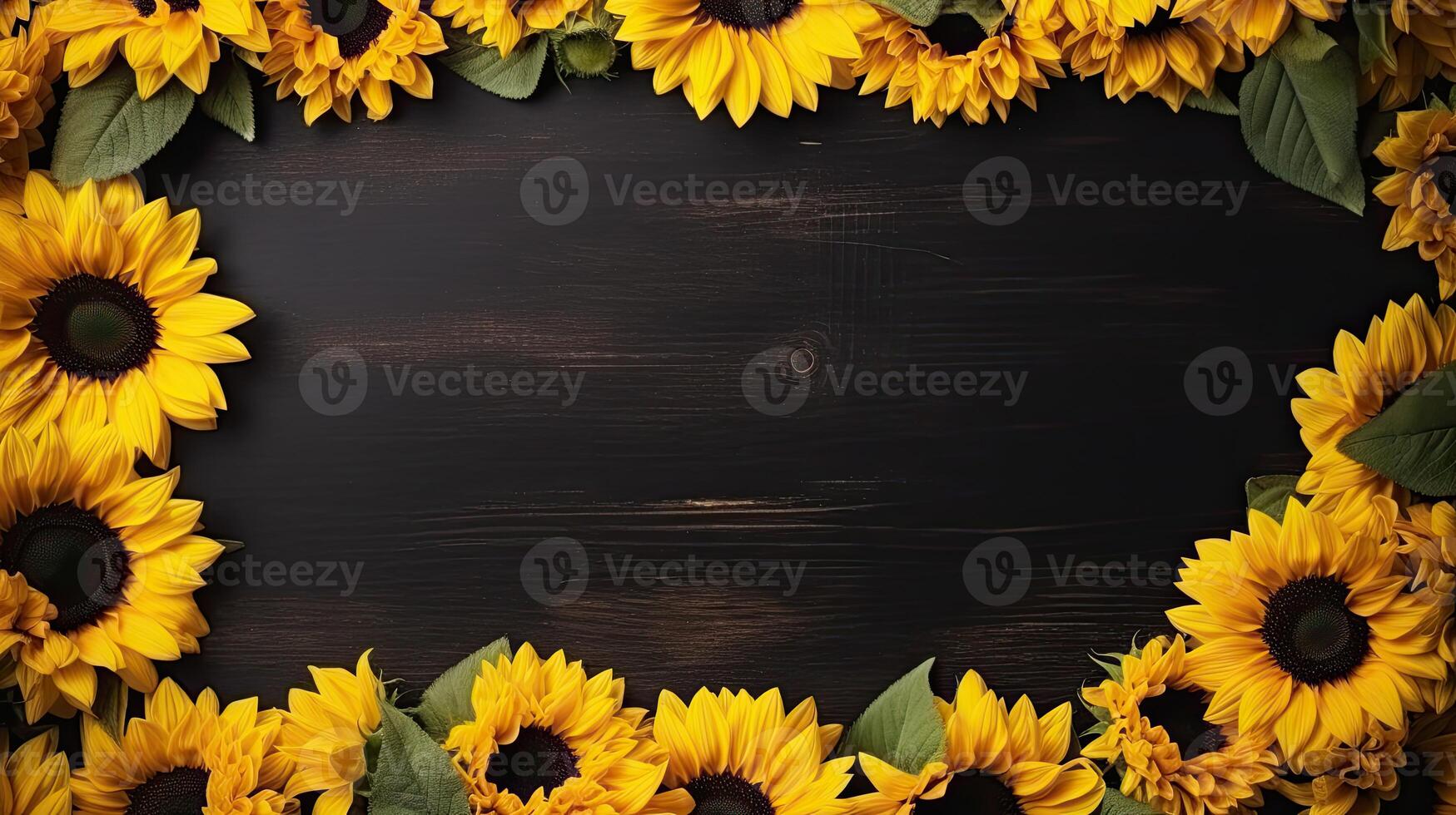 Sunflowers on a black background with a wooden frame photo
