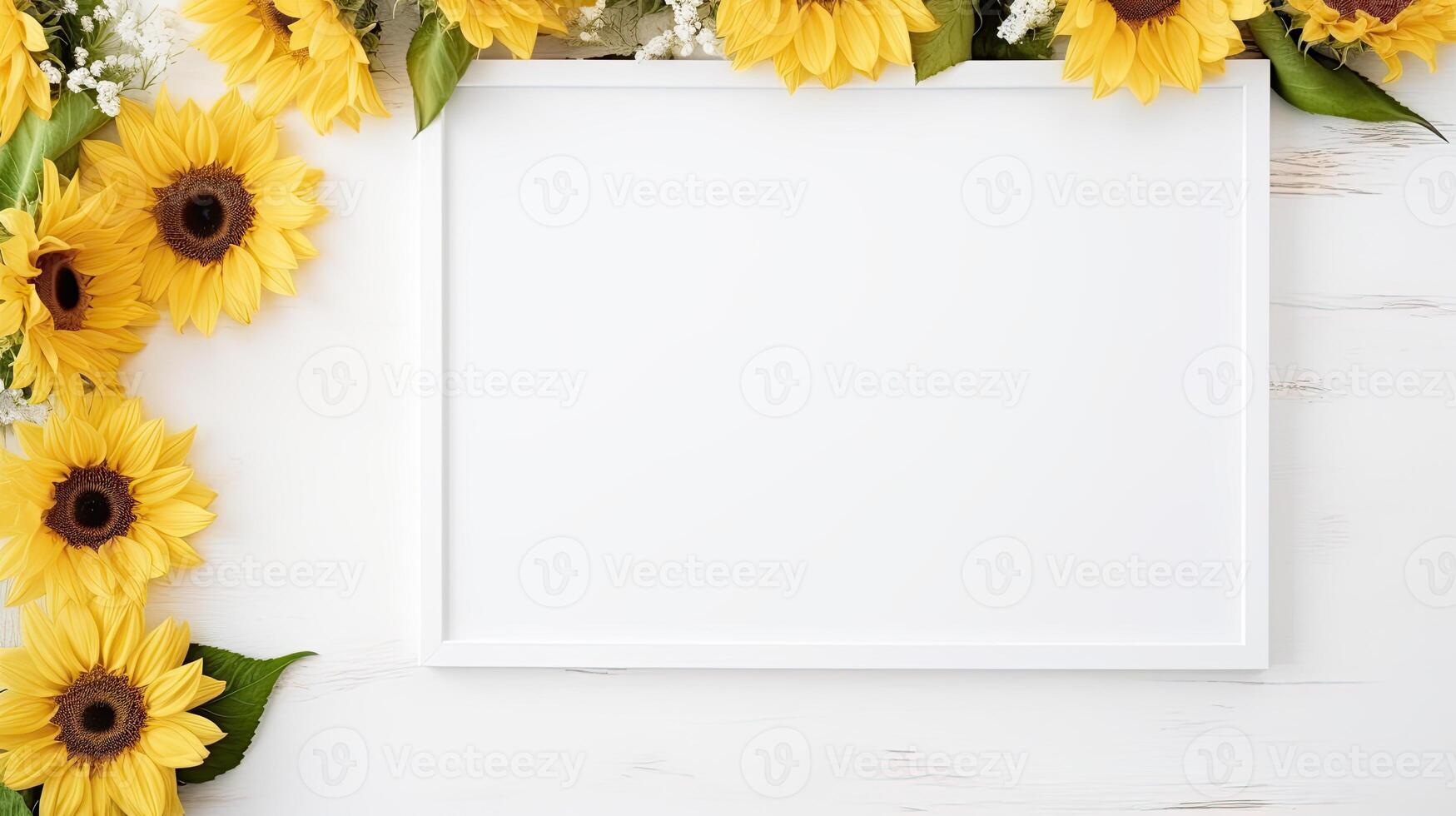 White frame with sunflowers on a white wooden background photo