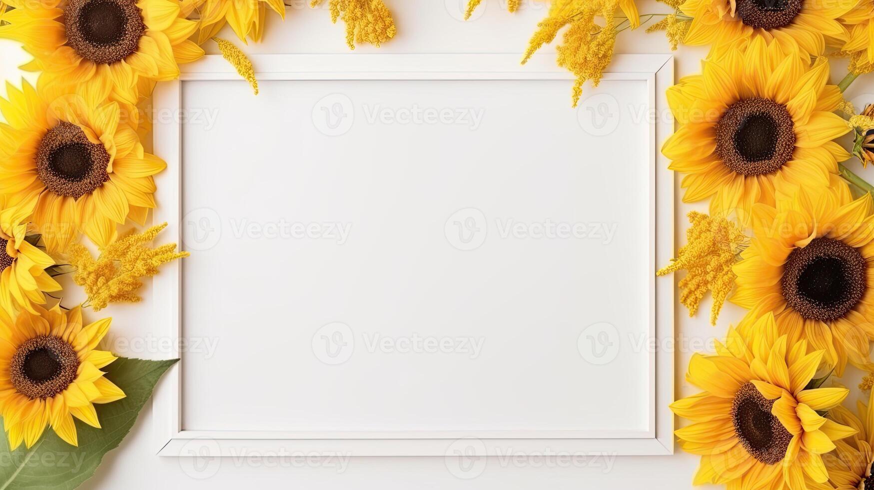 Frame with sunflowers on white background photo