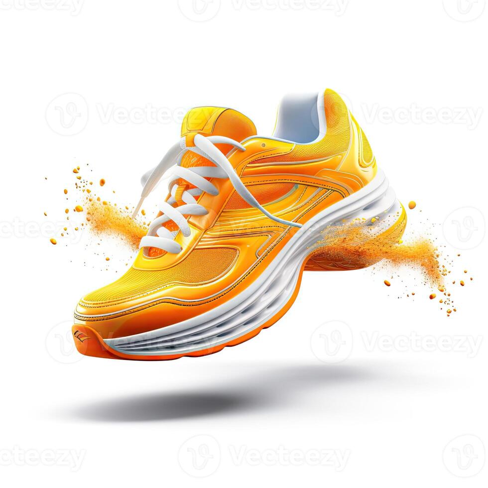An orange running shoe with splashes on it photo