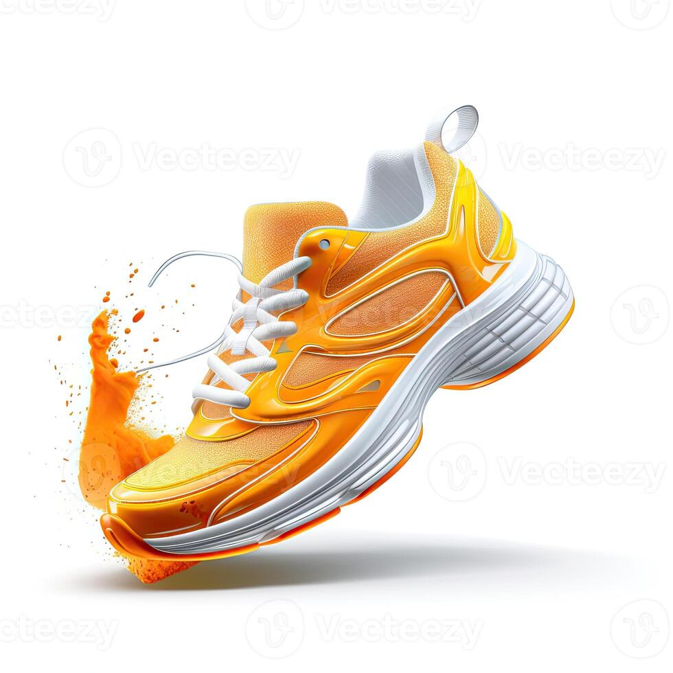 An orange running shoe with a splash of orange liquid photo