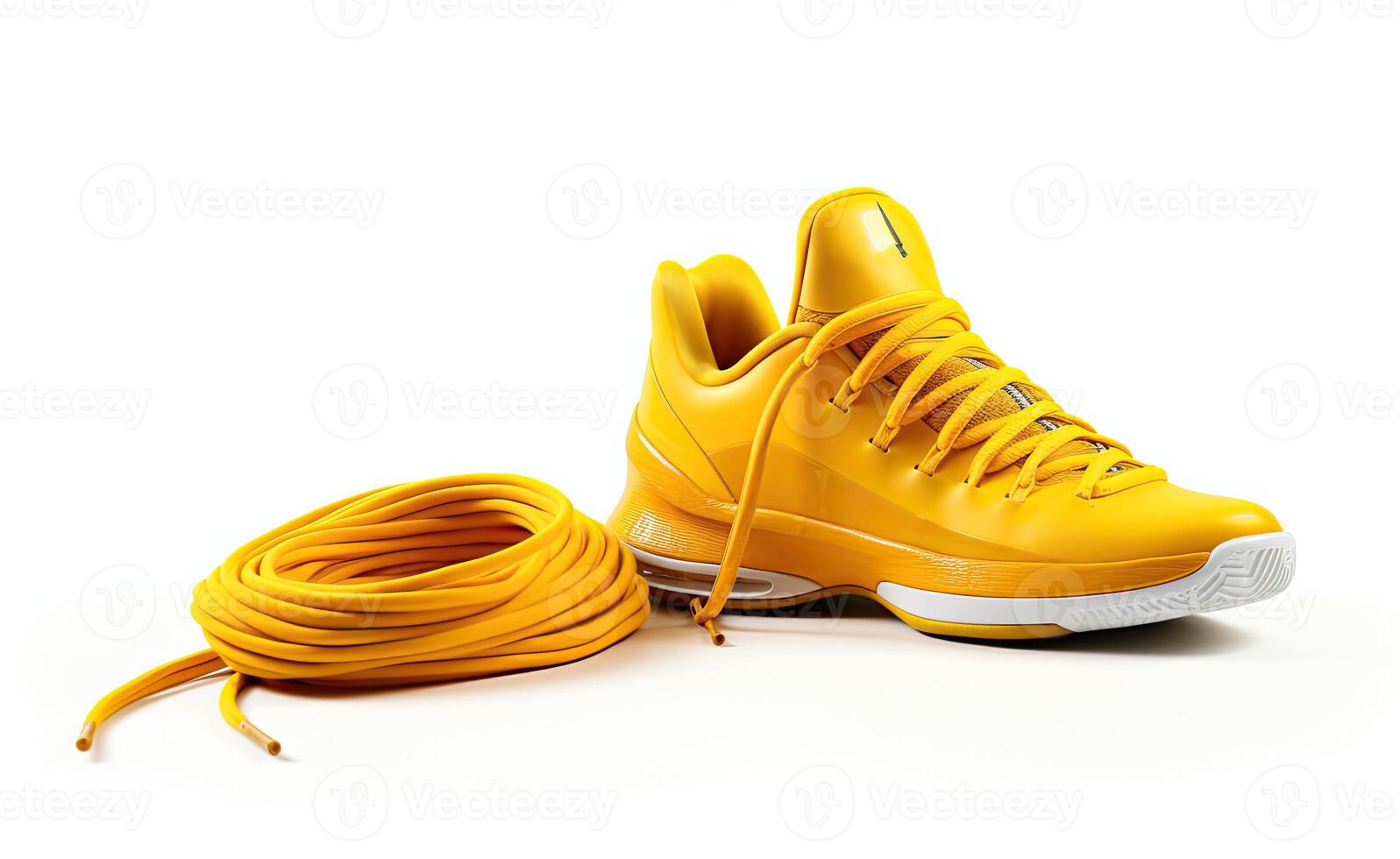 A yellow basketball shoe with a cord photo
