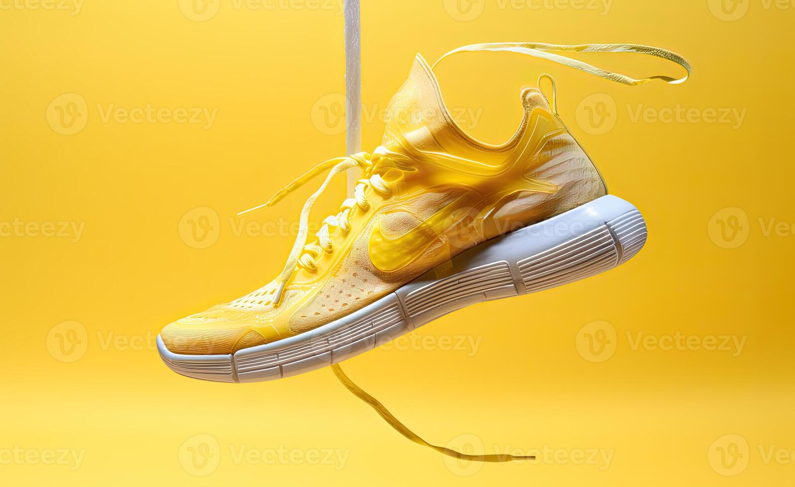 A yellow nike free run shoe hanging from a string photo