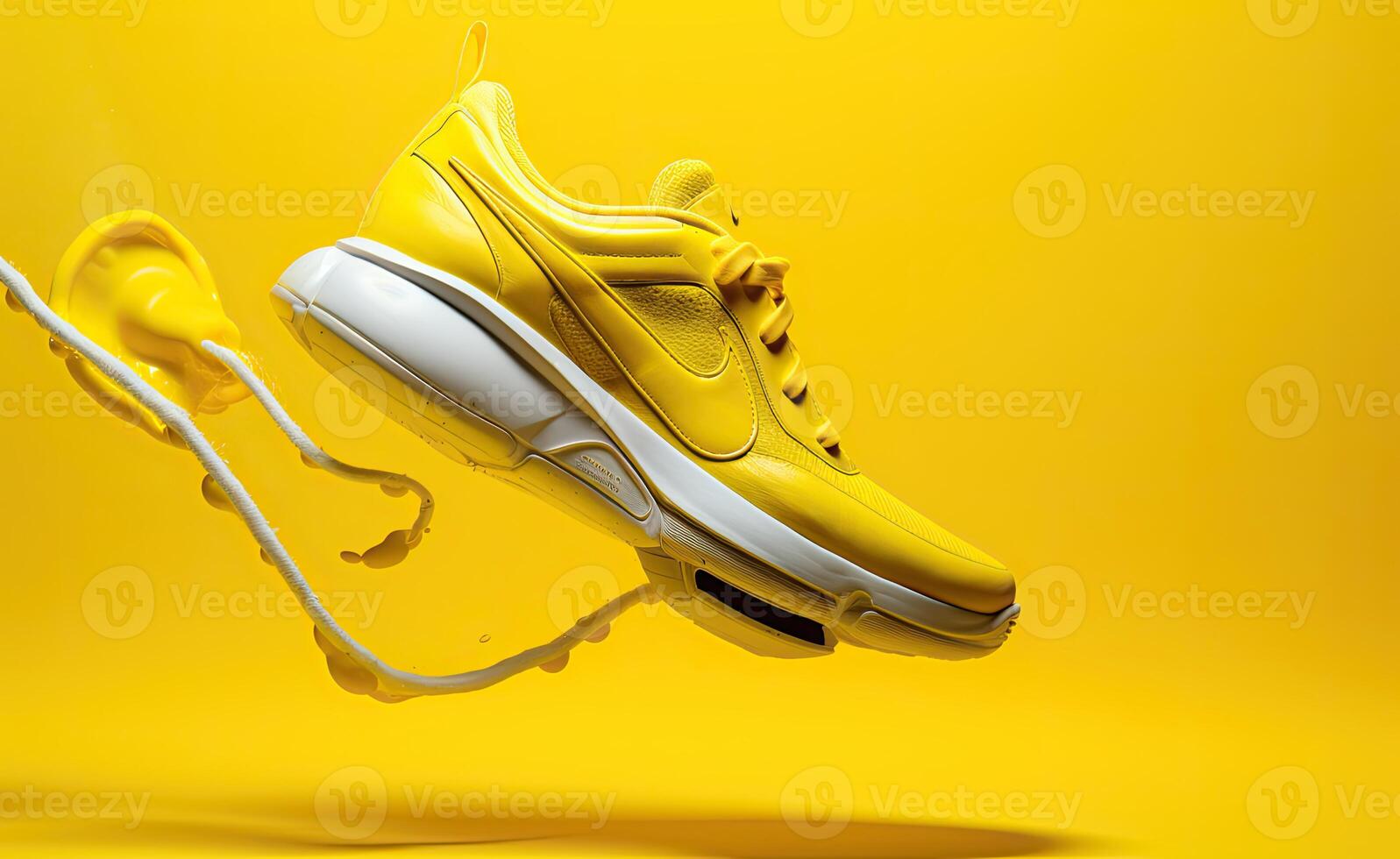 A yellow nike shoe is floating in a yellow liquid photo