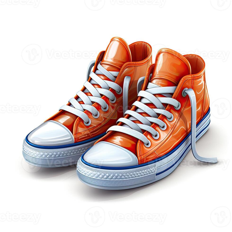 An orange pair of sneakers with blue laces photo