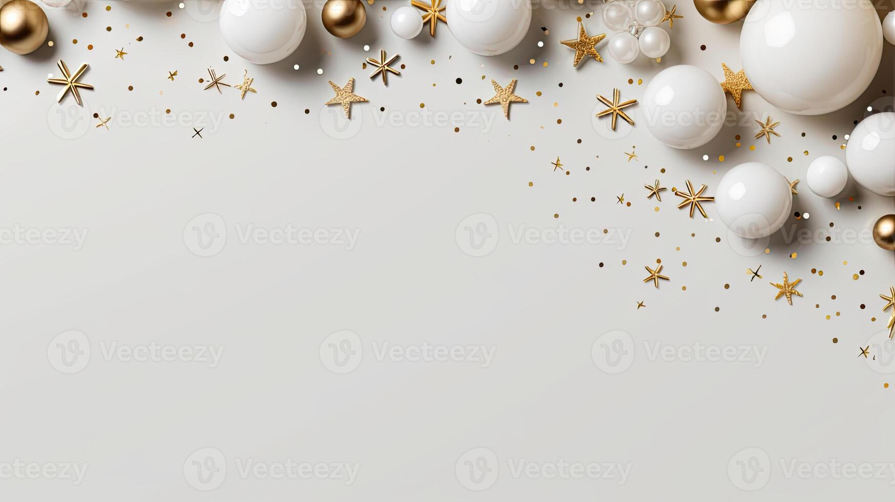 White and gold christmas balls and stars on a white background photo