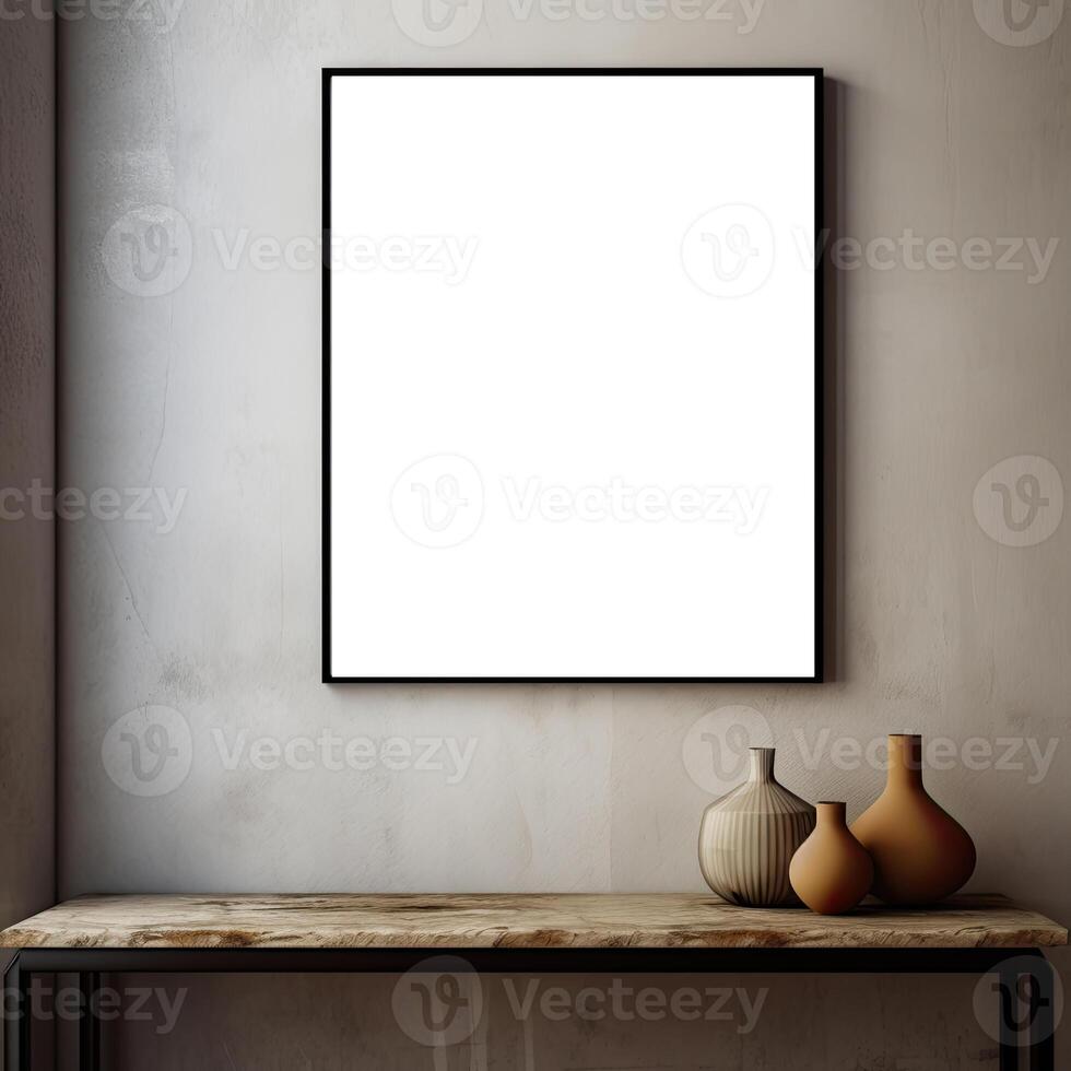 A blank white frame sits on a table next to a vase photo