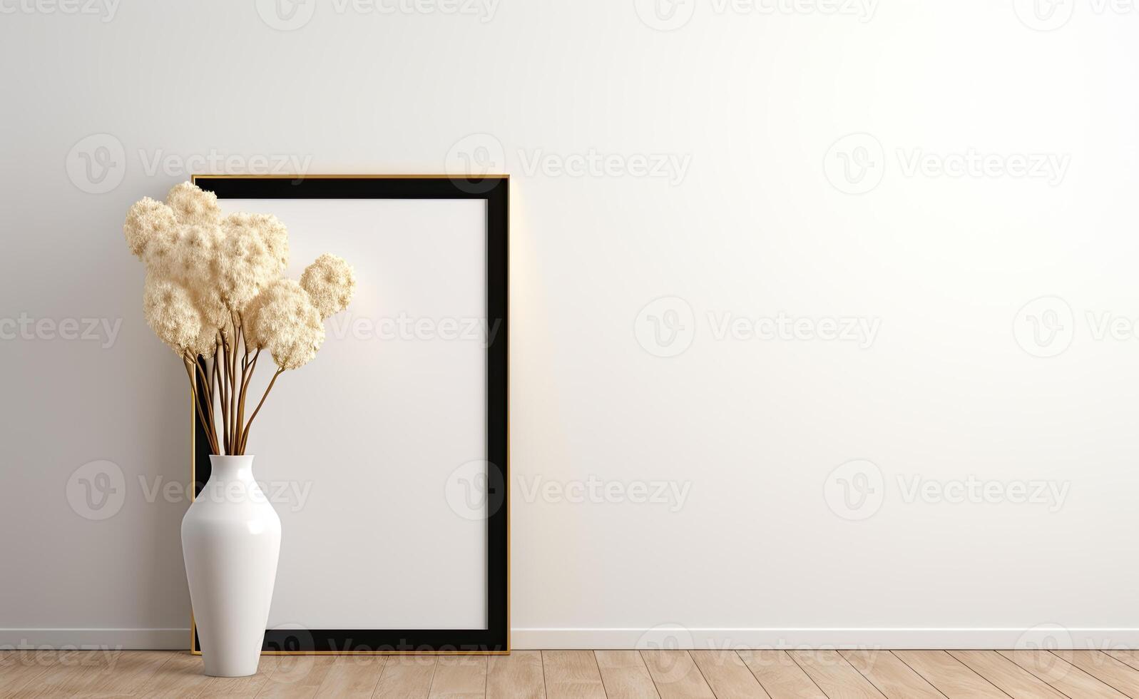 Empty room with white wall and vase of flowers photo