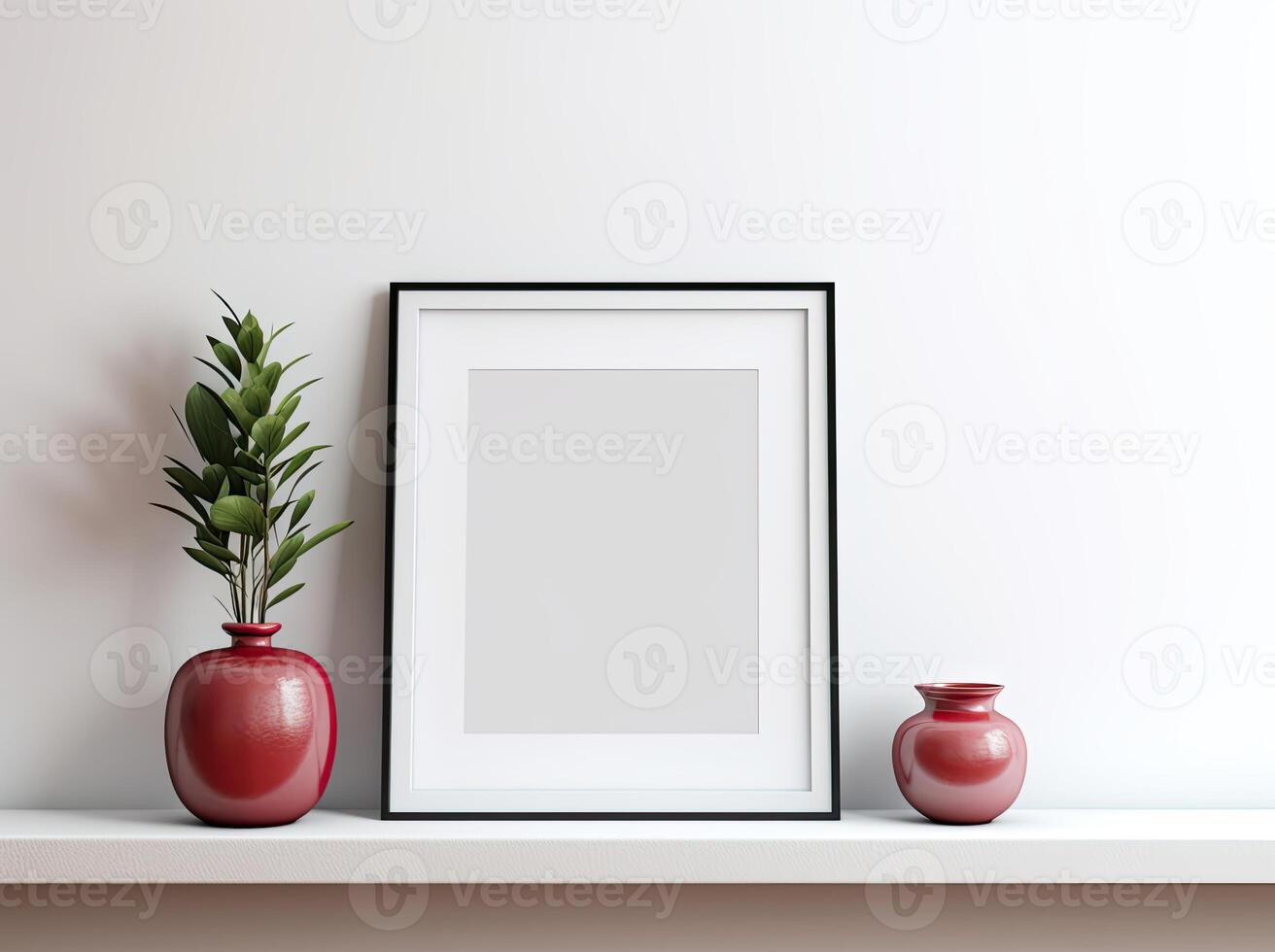 A framed picture on a shelf with two red vases photo