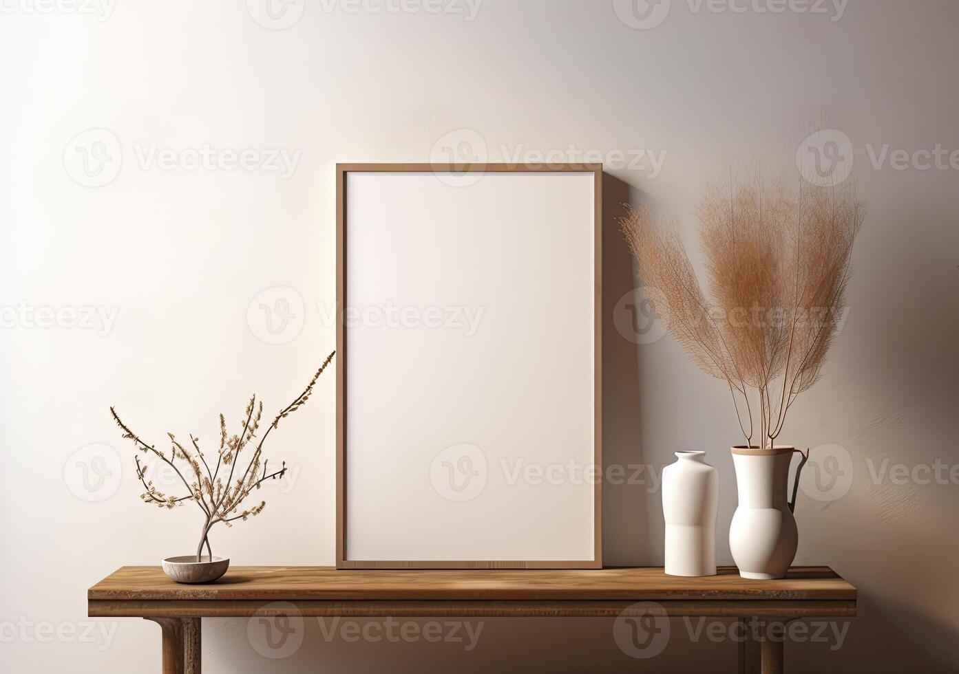 A wooden table with a vase and a blank frame photo
