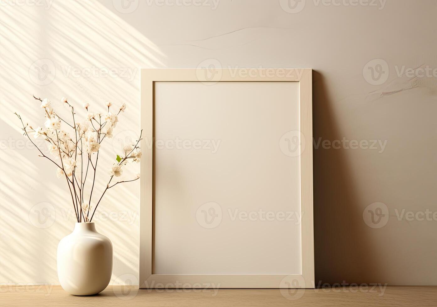 Empty frame with flowers on a wooden table photo