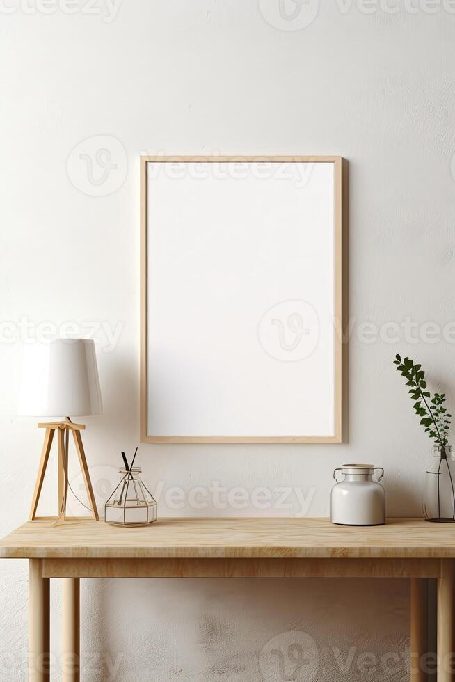 Blank frame mockup on a table in a white room photo