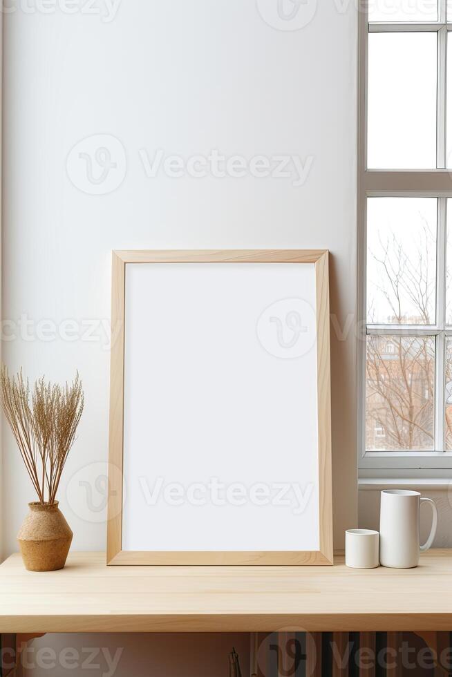 Mockup of a blank frame on a desk in front of a window photo