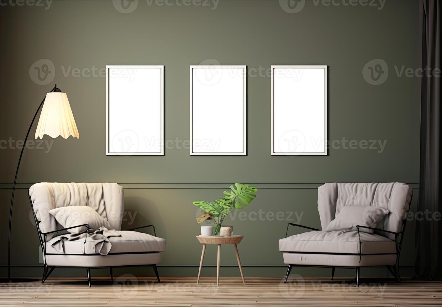 Three empty frames in a living room with a lamp and chairs photo