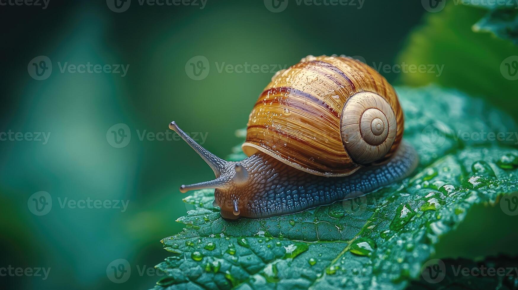 Snail crawling on green leaf in summer garden photo