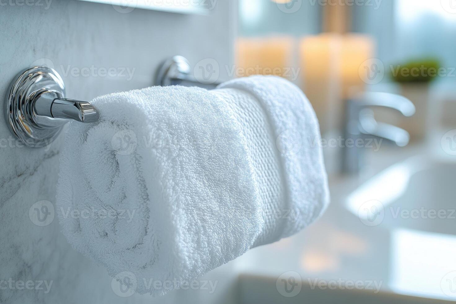 Clean white towel hanging on a towel rack in a modern bathroom photo