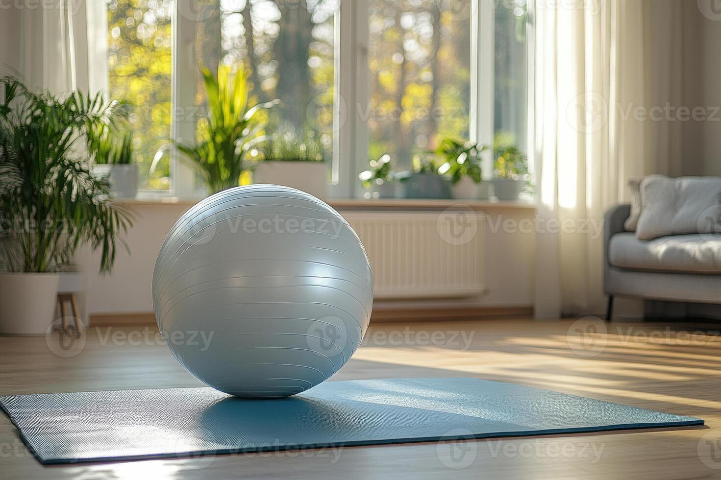 Fitness ball sitting on blue yoga mat in sunlit living room photo