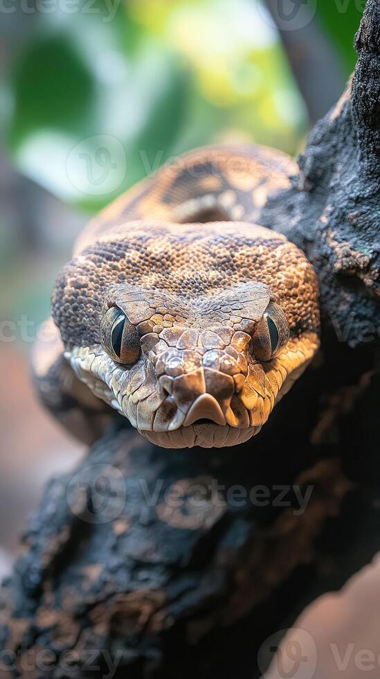 Python snake resting on tree branch in natural habitat photo
