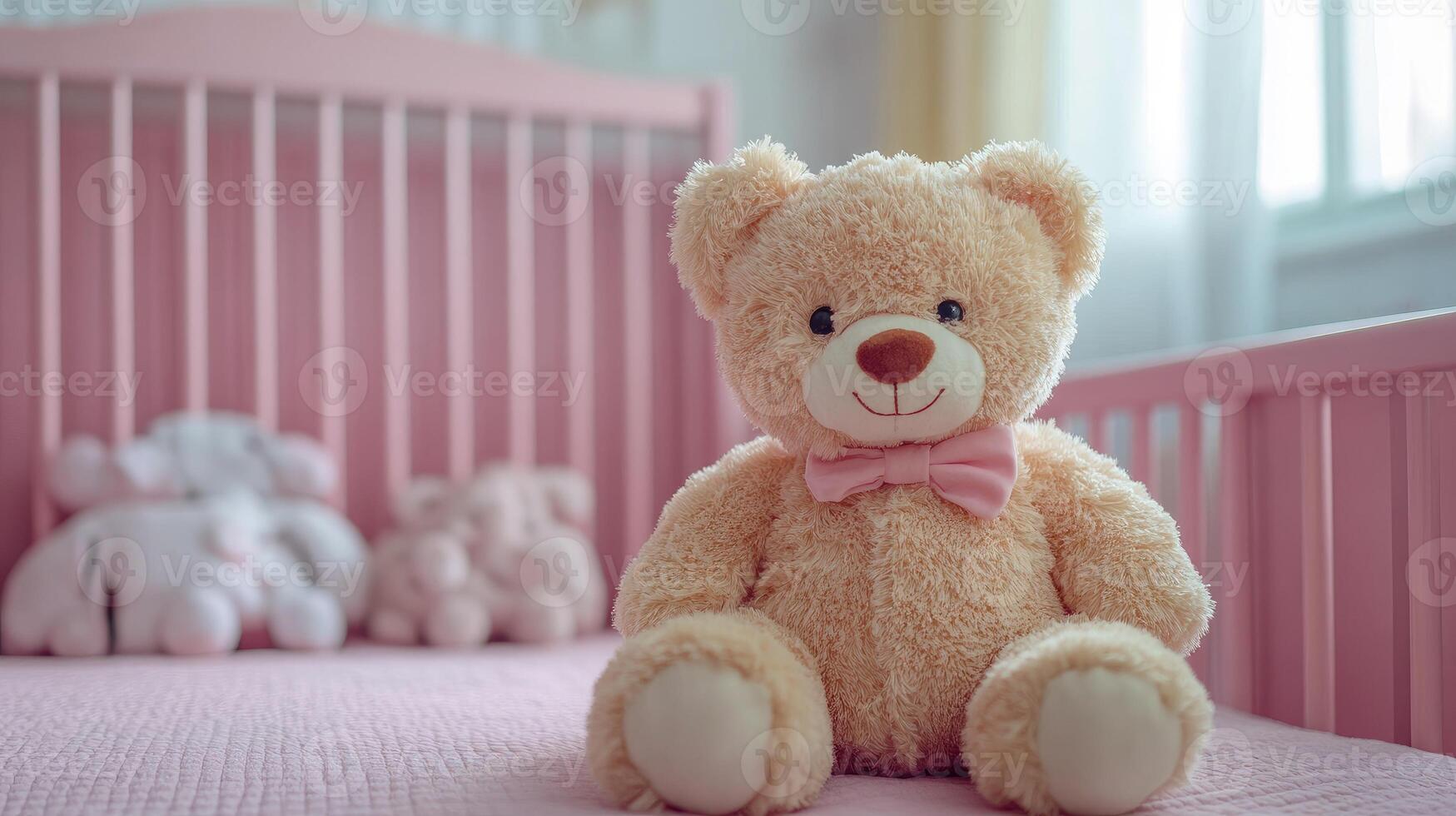 Teddy bear sitting on a cot in a pink bedroom for baby girl photo