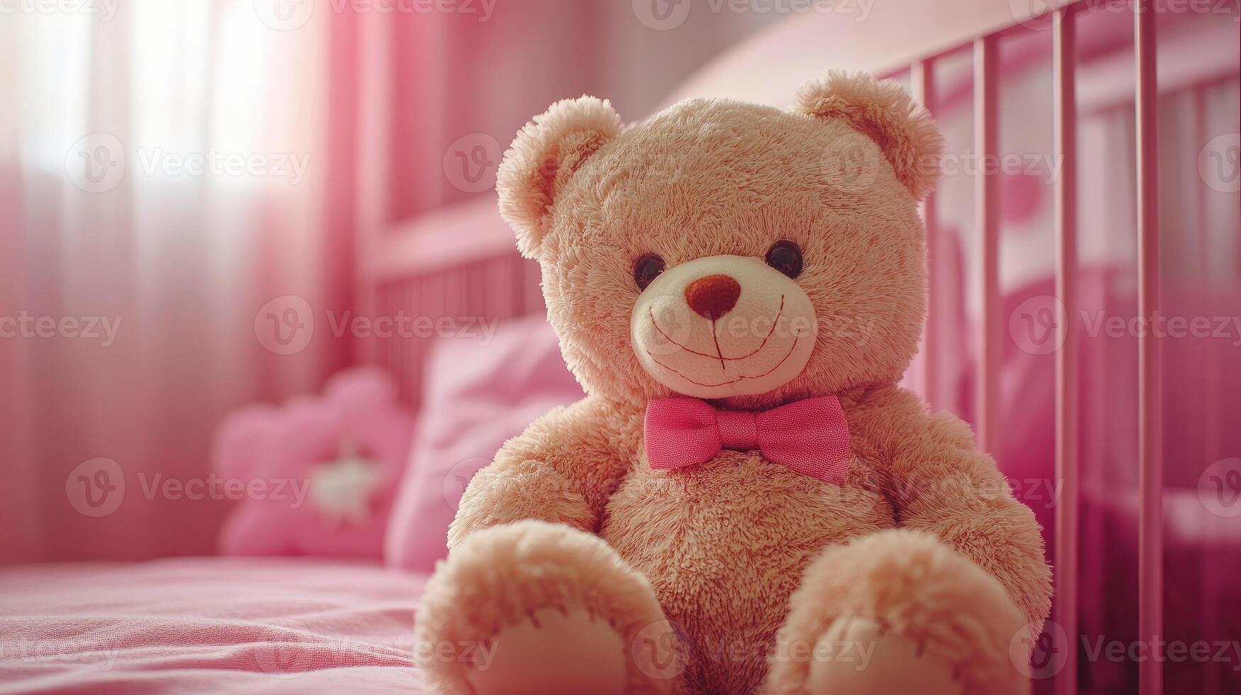 Teddy bear sitting on a cot in a pink bedroom for baby girl photo