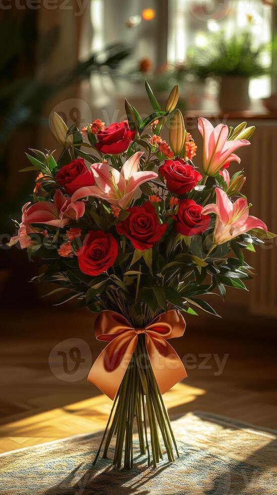 Bouquet of red roses and lilies standing by window with sunlight photo