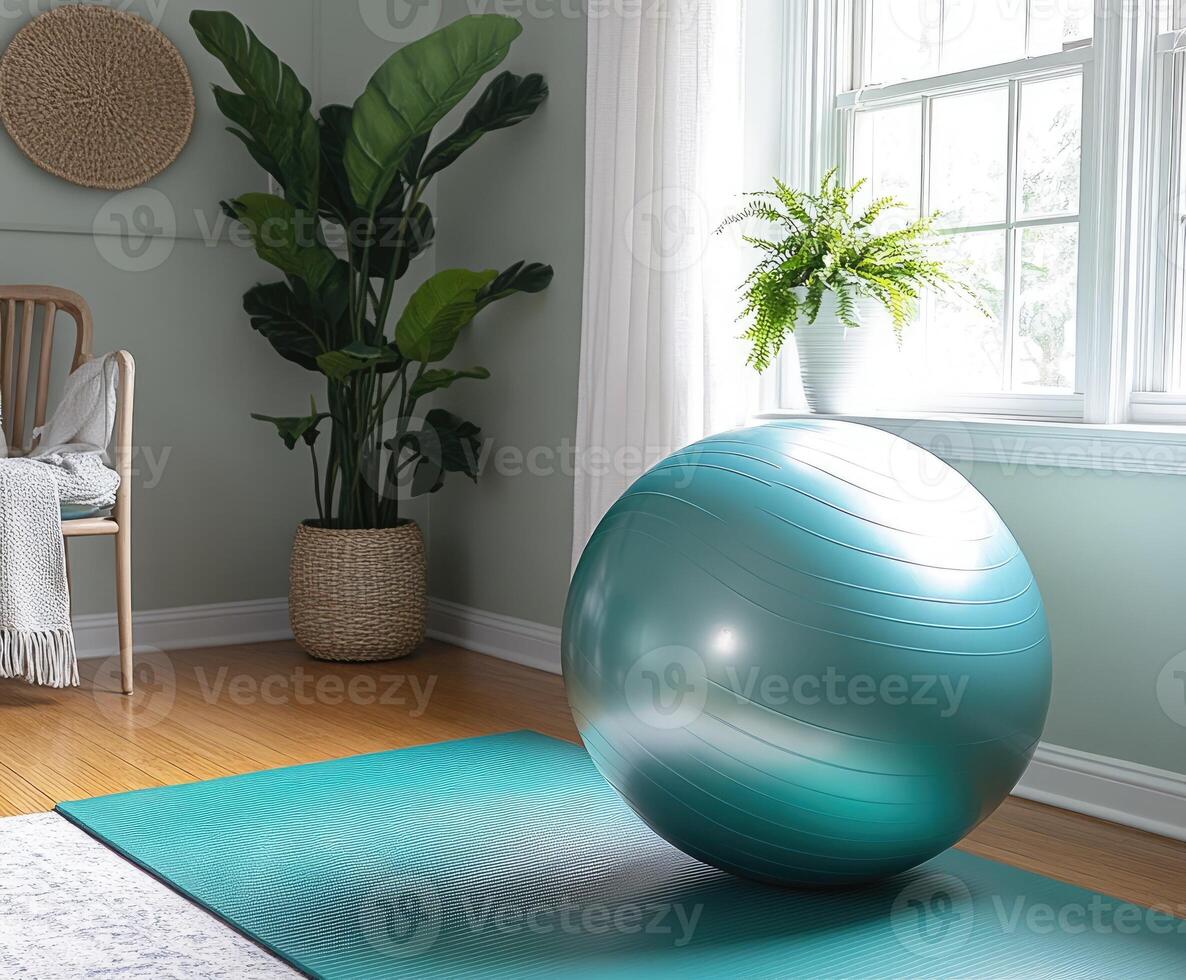 Turquoise fitness ball sitting on green yoga mat in home exercise room photo