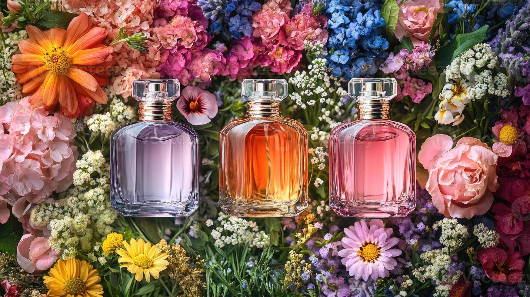 Three perfume bottles surrounded by colorful flowers on a sunny day photo