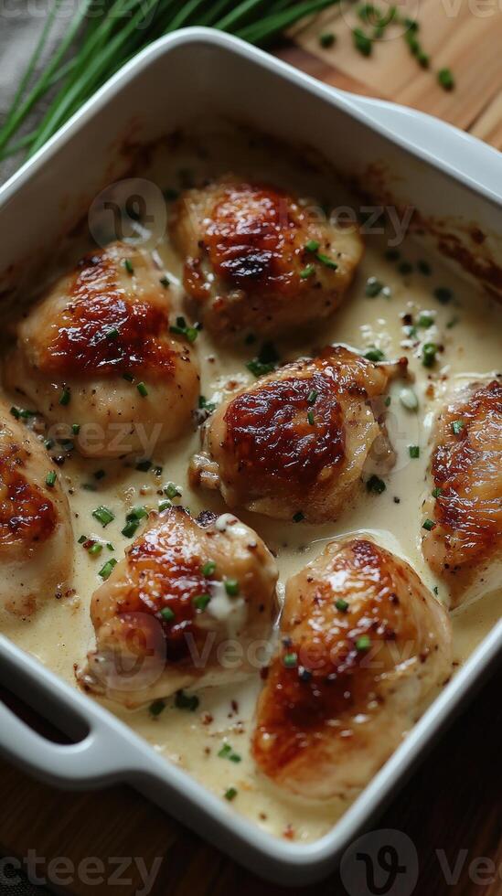 Delicious golden chicken thighs covered in creamy sauce and chives photo