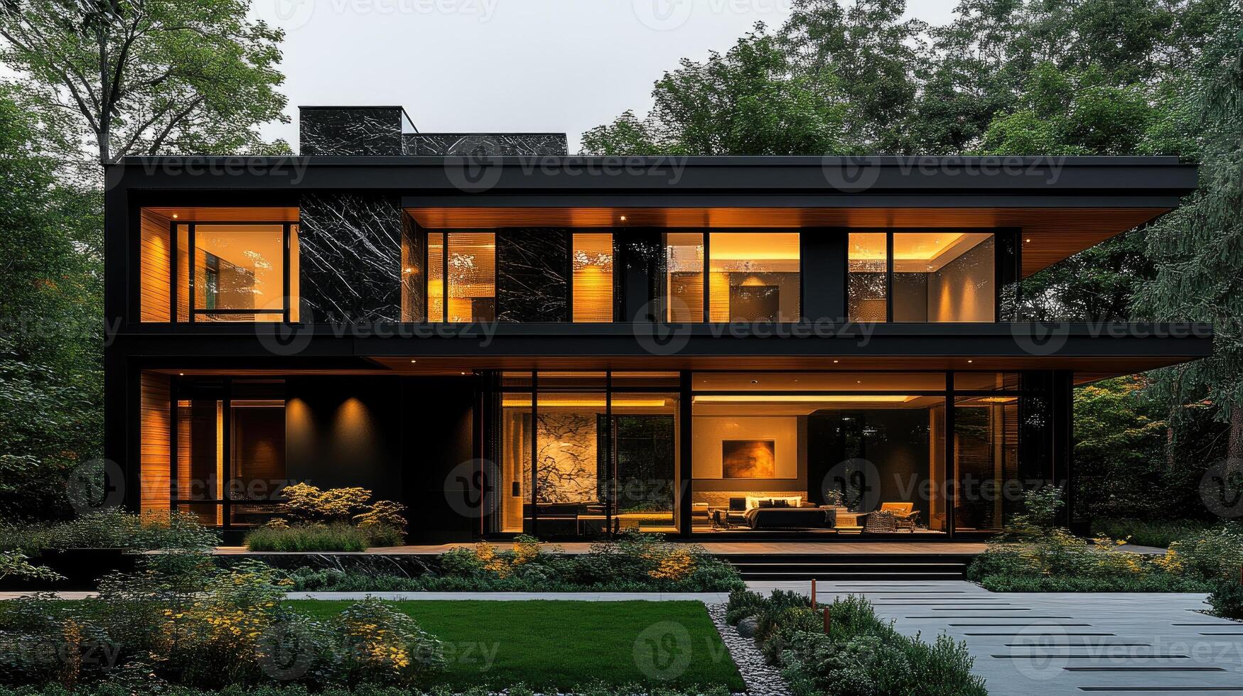 Modern house exterior with glowing windows at dusk photo