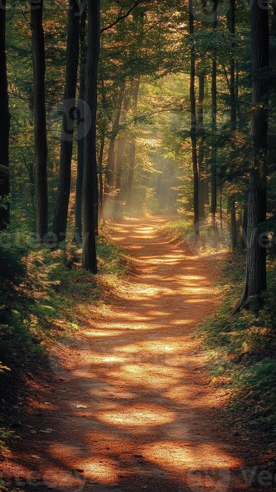 Sun shining through trees on forest path photo