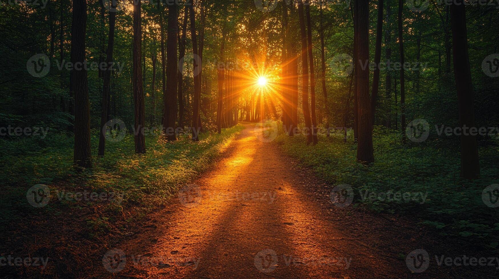 Sun shining through forest trees on path at sunset photo
