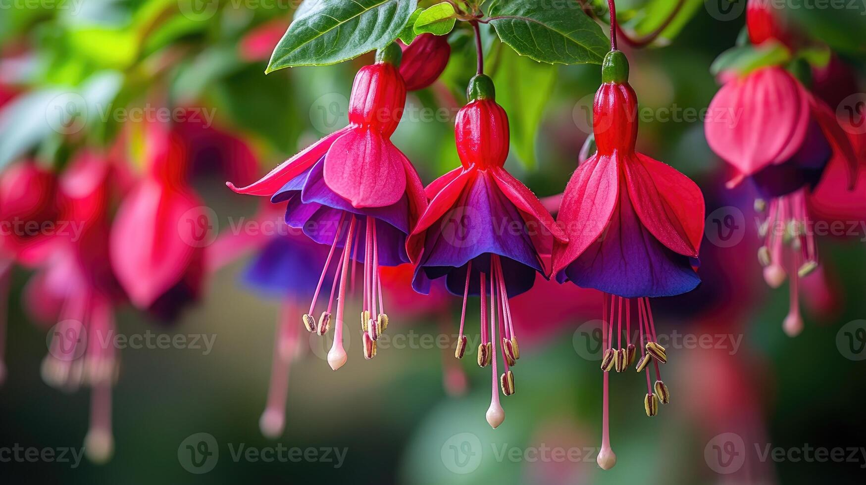 A close-up of vibrant red and purple hanging fuchsia flowers with green plants in focus. photo