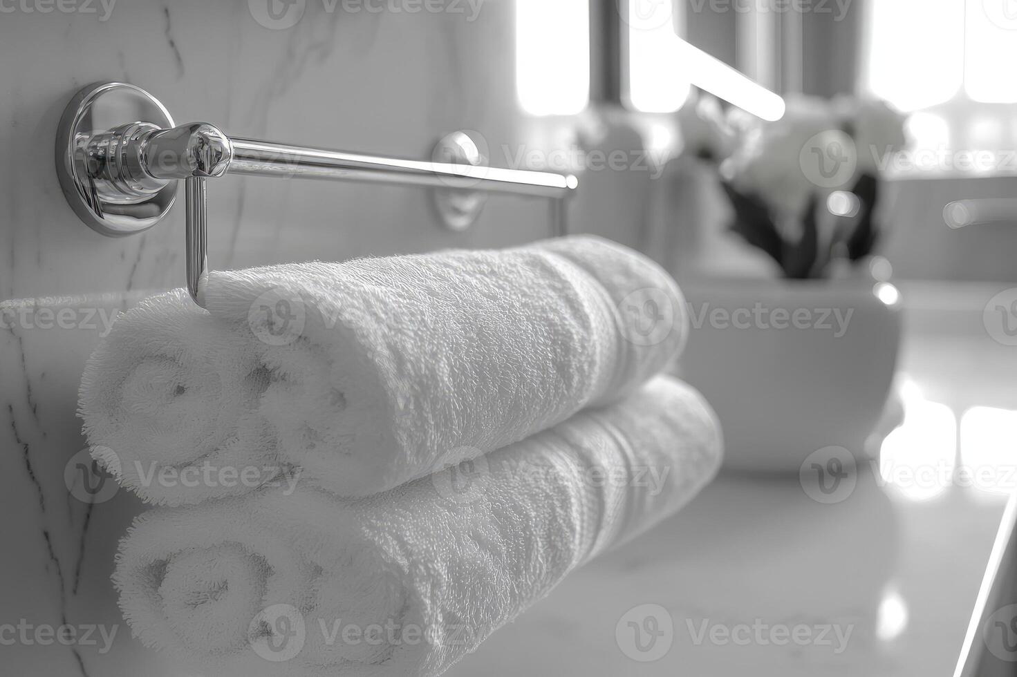 Clean white towel hanging on a towel rack in a modern bathroom photo
