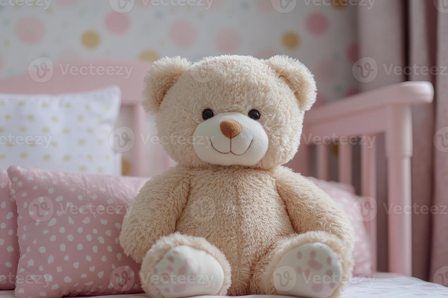 Teddy bear sitting on a cot in a pink bedroom for baby girl photo