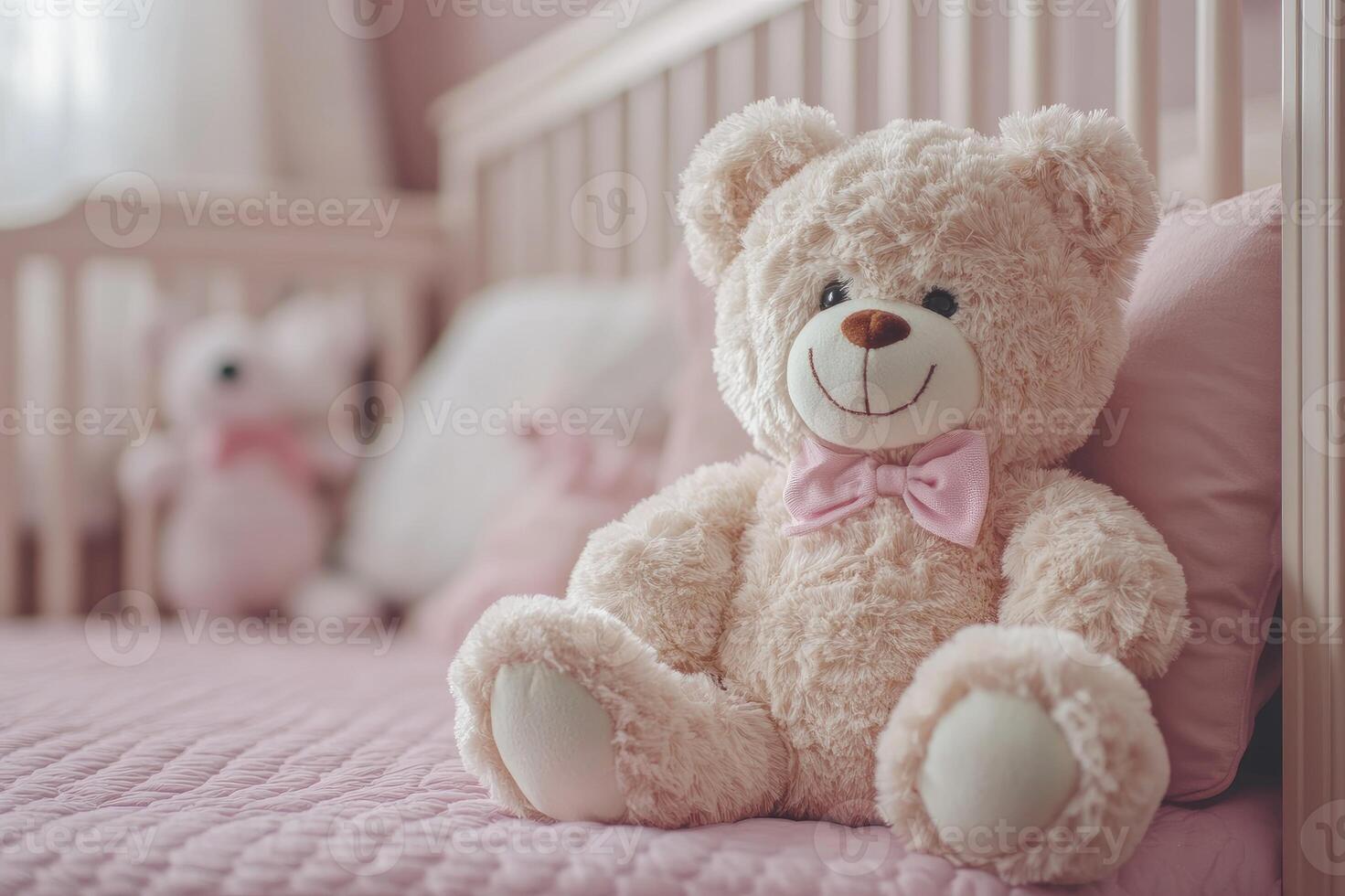 Teddy bear sitting on a cot in a pink bedroom for baby girl photo