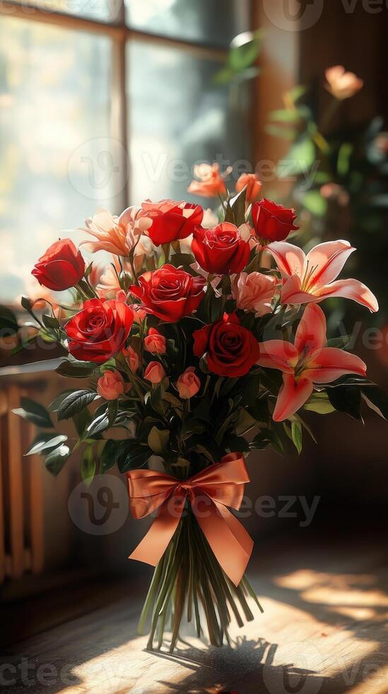 Bouquet of red roses and lilies standing by window with sunlight photo