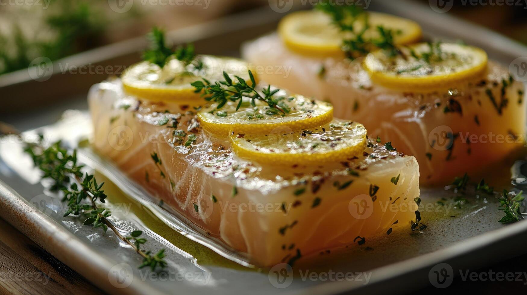 Raw fish fillet being seasoned with lemon and thyme on a baking sheet photo