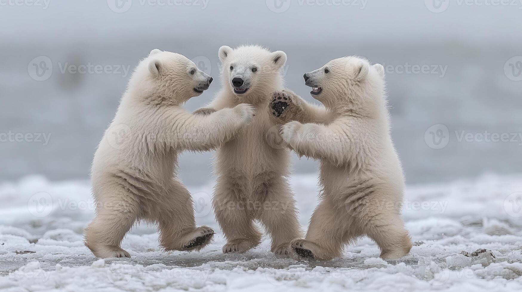 Polar bear cubs playing in falling snow photo