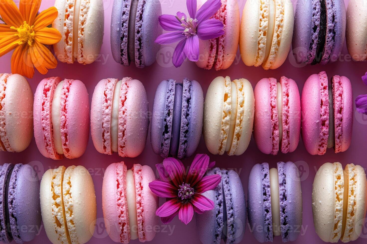 Colorful french macarons pattern with gerbera flowers on pink background photo