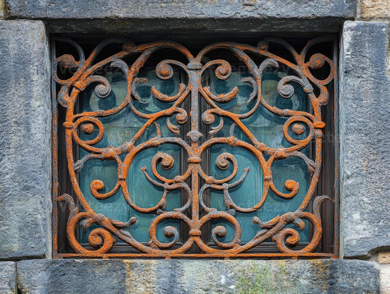 Rusty ornate window grill covering basement window photo