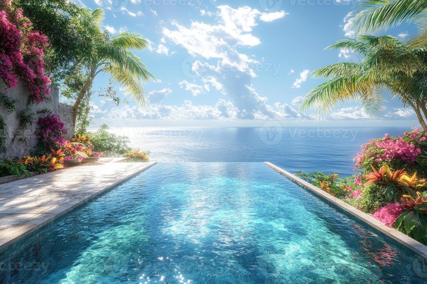 Infinity pool overlooking tropical ocean and lush green cliffs with bougainvillea flowers photo