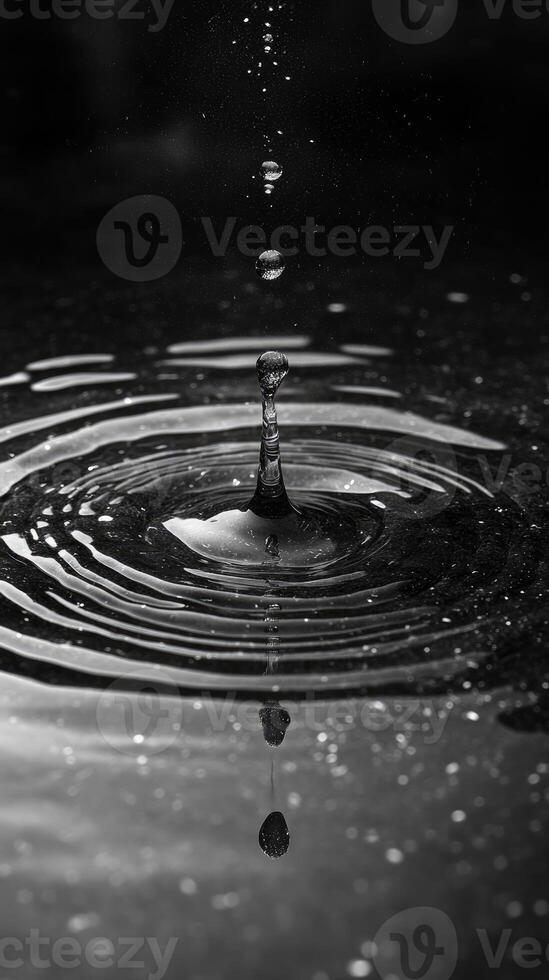 Water droplet falling creating concentric ripples on water surface photo