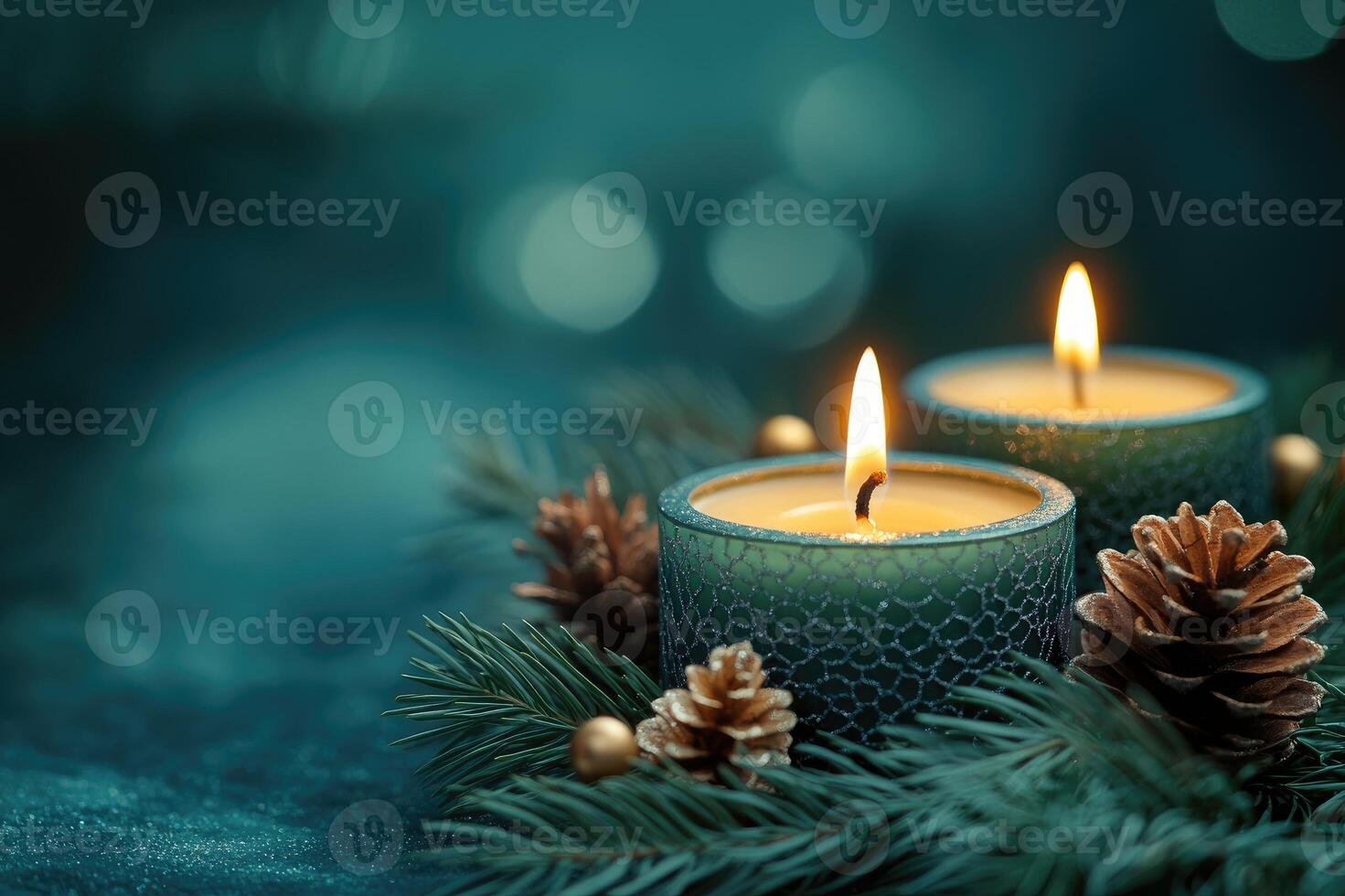 Burning green candles creating festive christmas atmosphere with pine branches and pine cones photo