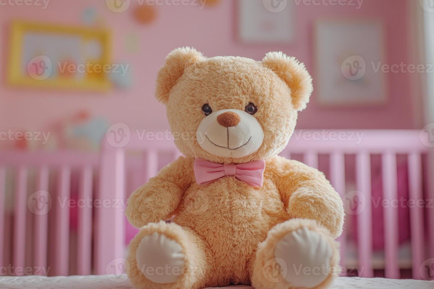 Teddy bear sitting on a cot in a pink bedroom for baby girl photo