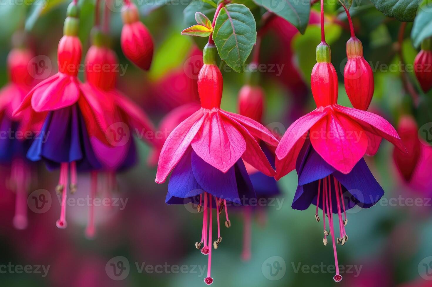 A close-up of vibrant red and purple hanging fuchsia flowers with green plants in focus. photo