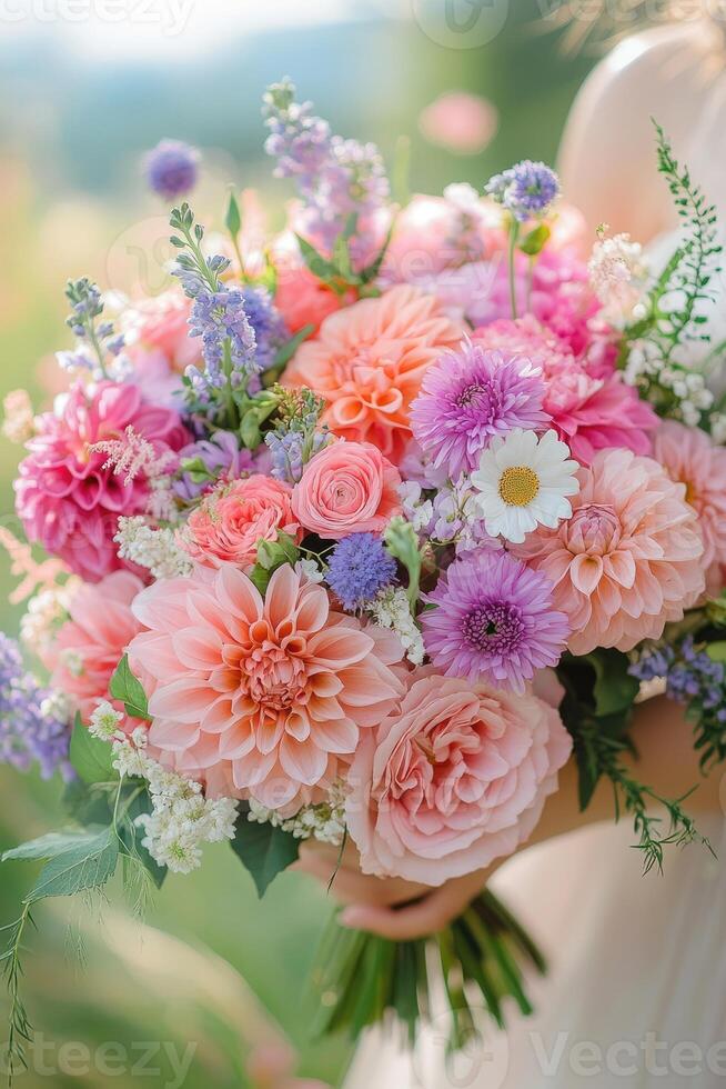 Bride holding a beautiful wedding bouquet with pink and purple flowers photo