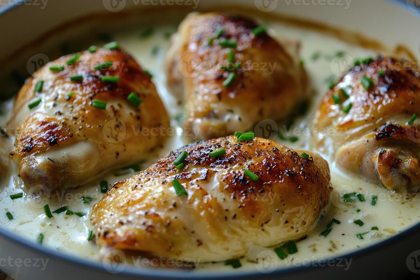 Chicken thighs are cooking in a creamy garlic sauce with chives photo