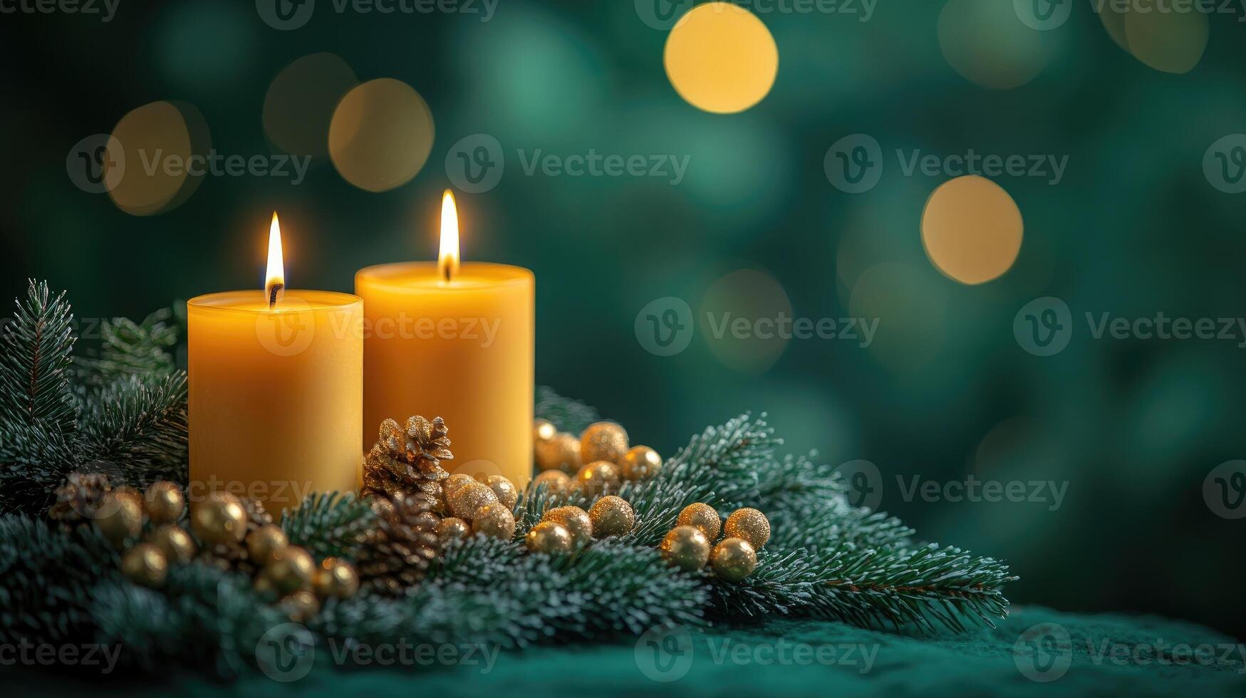 Burning candles creating festive christmas atmosphere with pine branches and pine cones photo