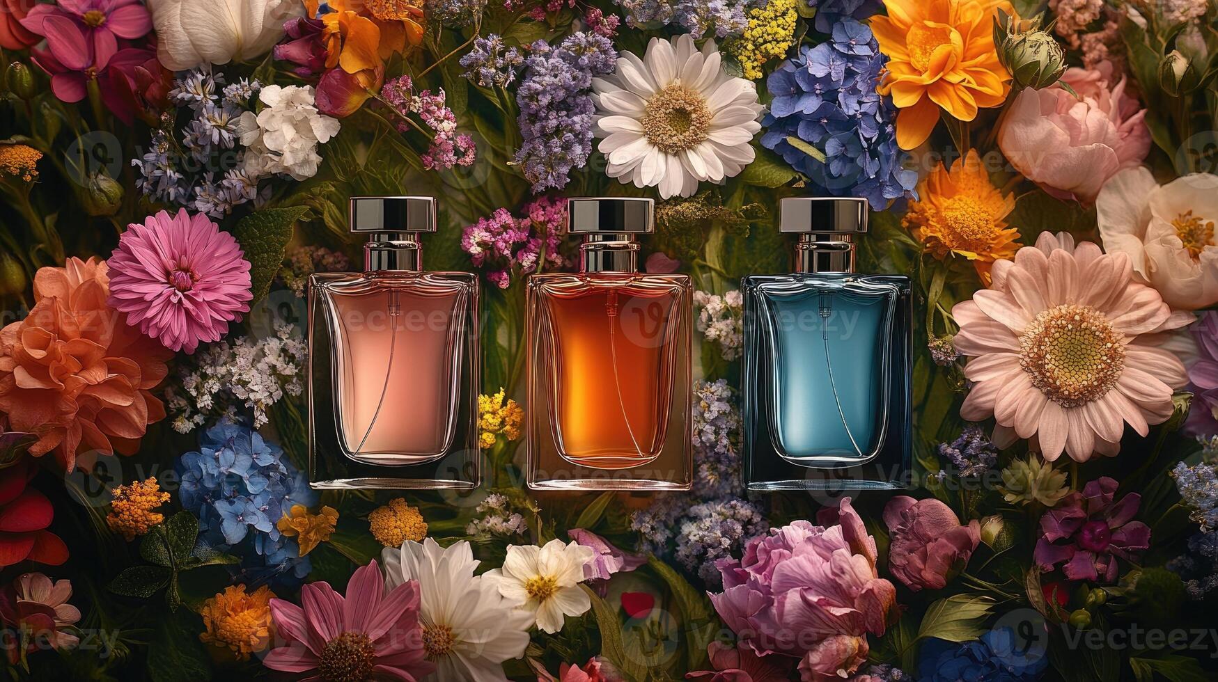 Three perfume bottles surrounded by colorful flowers on a sunny day photo